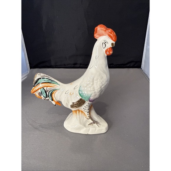 Other - Porcelain Rooster Made In England Colorful Gold Gilt 5.5" Tall Farm Animal White